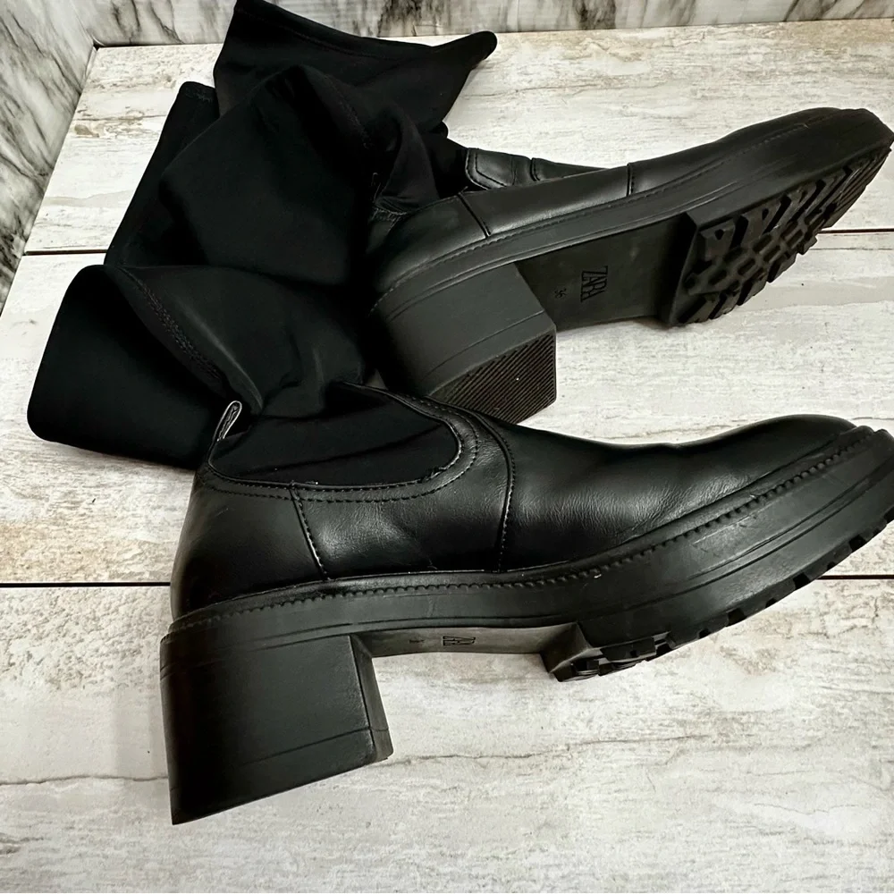 Zara Womens Sz 36 US 6 Black Stretch Knee High Boots Lug Bottom Wide Shaft Moto